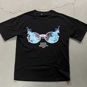 Black T-Shirt with Blue Flame Glasses Graphic